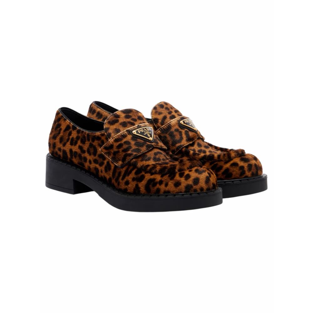 Prada Enamel Triangel Logo Leopard Printed Leather Loafer Brown Size 38.5 - Picture 3 of 16
